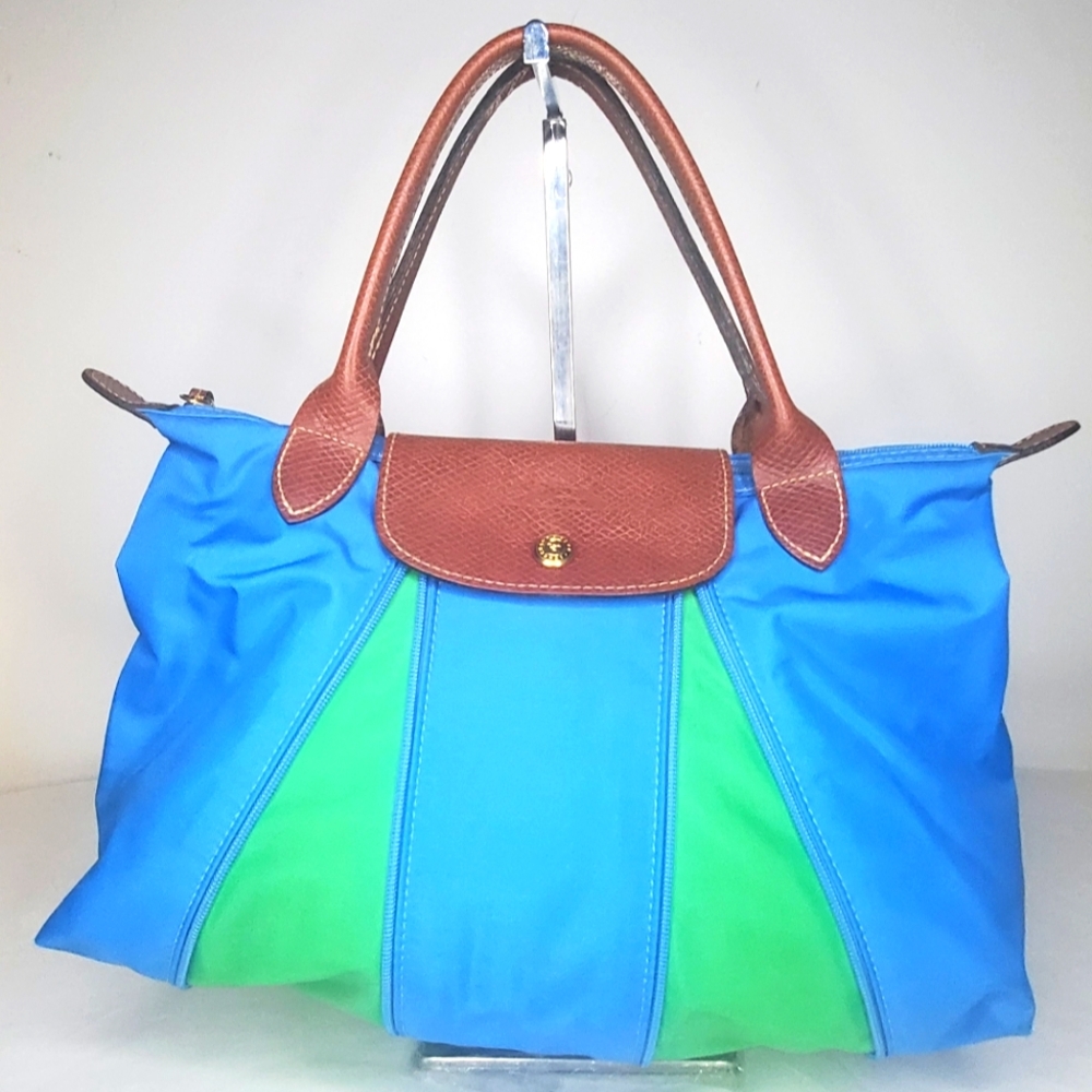 LONGCHAMP Stylish "Le Pliage"Small Expandable Top Handle Blue and Green Tote Bag - Picture 2 of 16